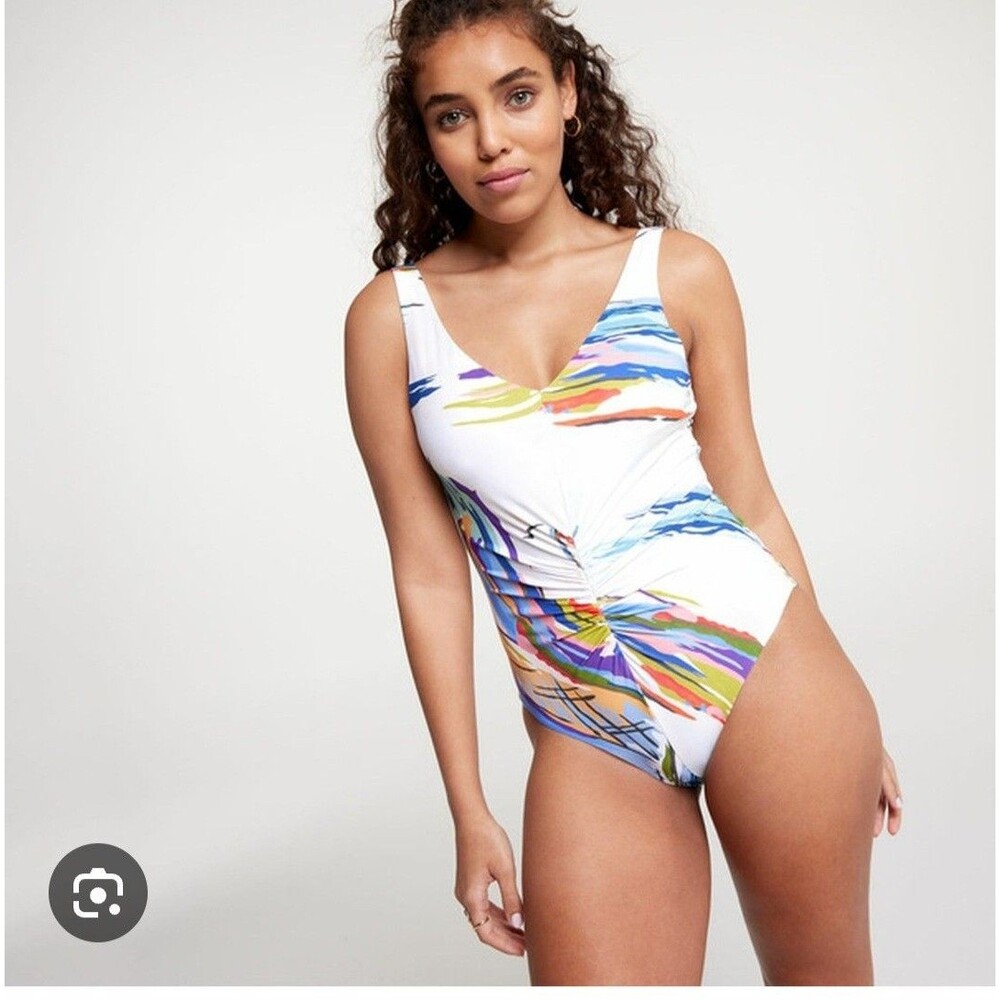 CALIA Tahitian Print Ruched One Piece Swimsuit Colorful Abstract V Neck Size 8